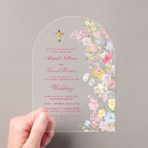 Invitations En Acrylique Mariage religieux à l'arche de fleurs des champs