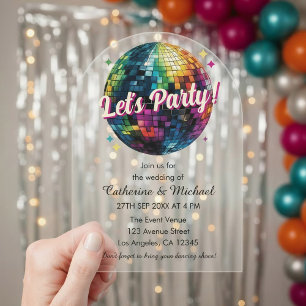 Invitations En Acrylique Mariage Rétro 70's Soirée Disco Boule Pailletée Gl
