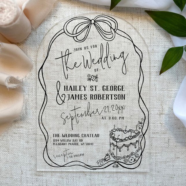 Invitations En Acrylique Mariage rétro à l'arc noir dessiné à la main moder (Simple hand drawn retro bow and heart cake black and white hand written script arch acrylic wedding)