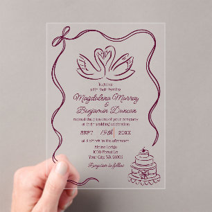 Invitations En Acrylique Mariage Rétro Cygnes Dessinés à la Main Bourgogne