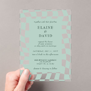 Invitations En Acrylique Mariage Retro Super Green Checkerboard
