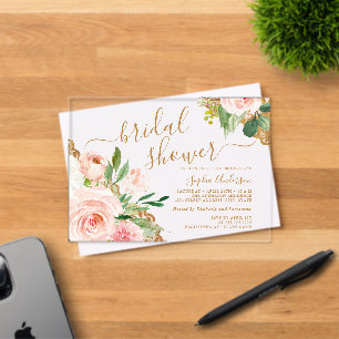 Invitations En Acrylique Mariage Robe de soirée Script dentelle dorée Fleur