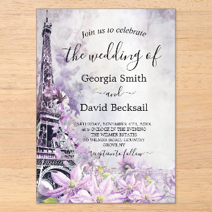 Invitations En Acrylique Mariage Romantique à la Lavande sous la Tour Eiffe