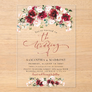 Invitations En Acrylique Mariage romantique aux roses en aquarelle Burgundy