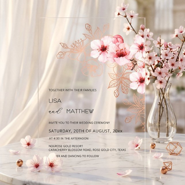 Invitations En Acrylique Mariage Rose Clair Fleur de Cerisier (Créateur téléchargé)