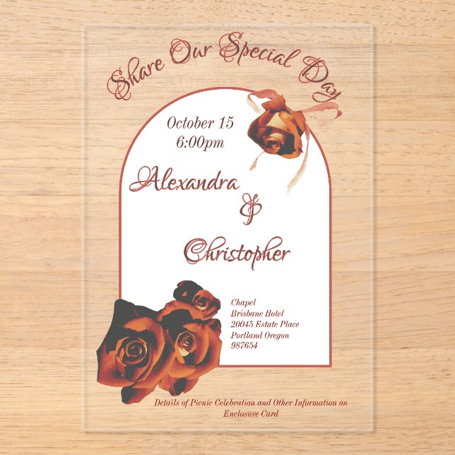 Invitations En Acrylique Mariage Rose de la paix (Recto)