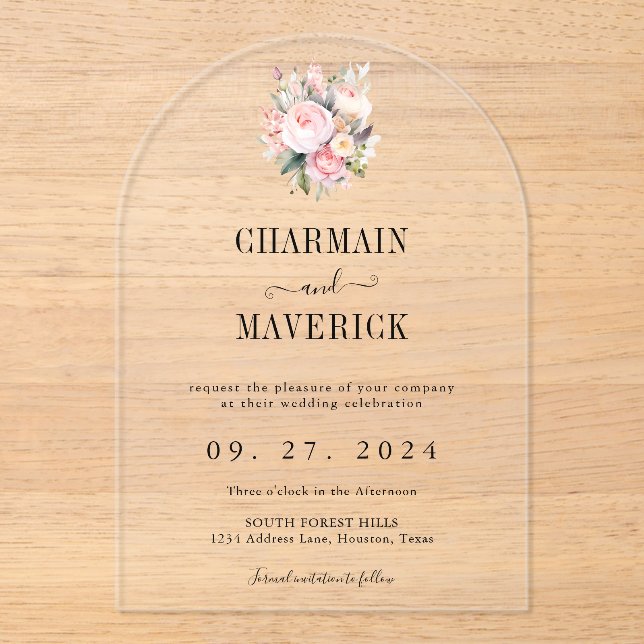 Invitations En Acrylique Mariage rose floral (Recto)