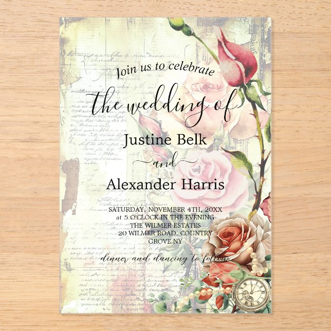 Invitations En Acrylique Mariage Rose vintage (Recto)