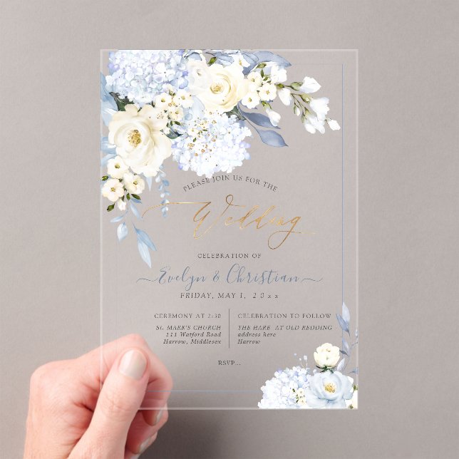 Invitations En Acrylique Mariage Roses Crème Hydrangea Bleu H2 (In situ (ordinateur de poche))
