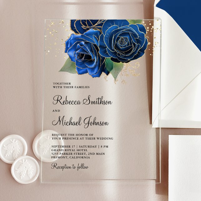 Invitations En Acrylique Mariage Royal Bleu Floral Or (Créateur téléchargé)