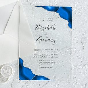 Invitations En Acrylique Mariage Royal Bleu Moderne avec Coins d'Agate et A