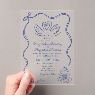 Invitations En Acrylique Mariage Ruban Cygnes Dessinés à la Main Bleu Nuit
