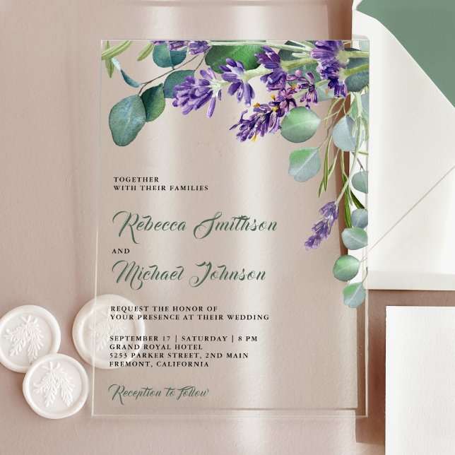 Invitations En Acrylique Mariage rustique à la lavande et à l'eucalyptus (Créateur téléchargé)