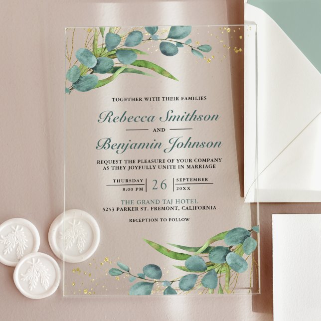 Invitations En Acrylique Mariage rustique au eucalyptus (Créateur téléchargé)