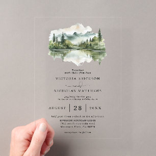 Invitations En Acrylique Mariage Rustique au Lac en Forêt de Montagne avec 