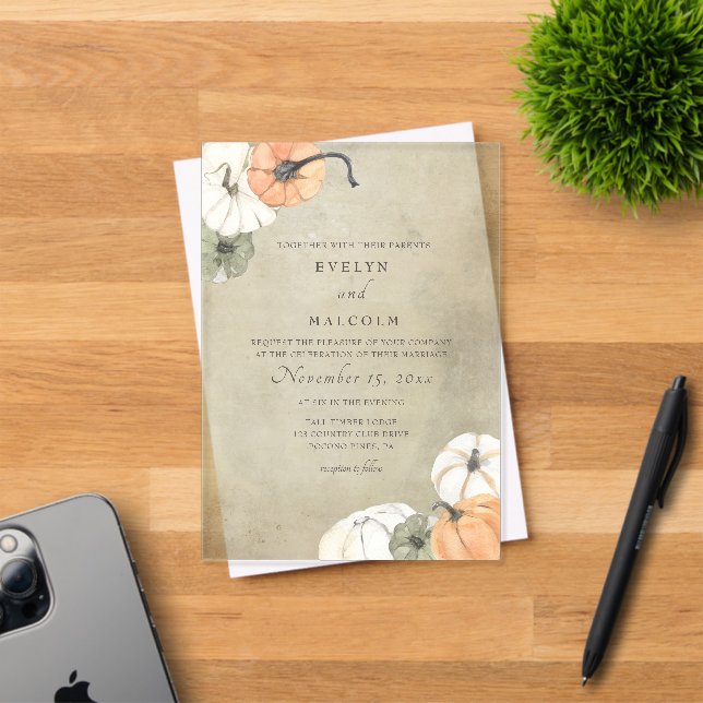 Invitations En Acrylique Mariage Rustique Automne Citrouilles Blanches et O (Insitu (Carte d'invitation))