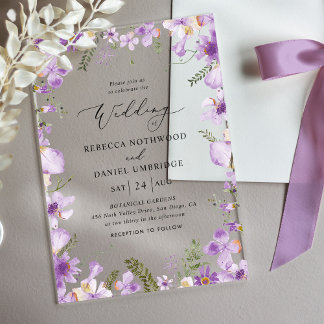 Invitations En Acrylique Mariage Rustique chic violet Fleurs