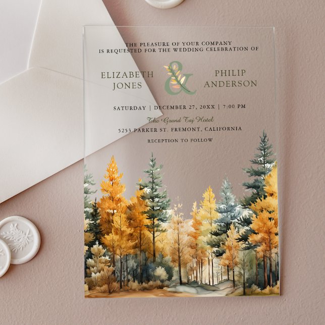Invitations En Acrylique Mariage Rustique d'Automne aux Pins (Créateur téléchargé)