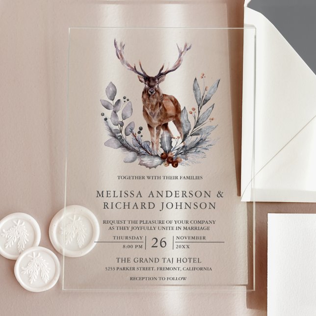 Invitations En Acrylique Mariage Rustique de Cerf de Forêt à l'Aquarelle (Créateur téléchargé)