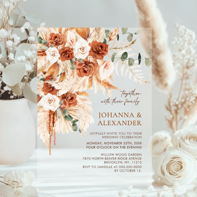 Invitations En Acrylique Mariage rustique en terre cuite avec fleurs de pam (Créateur téléchargé)
