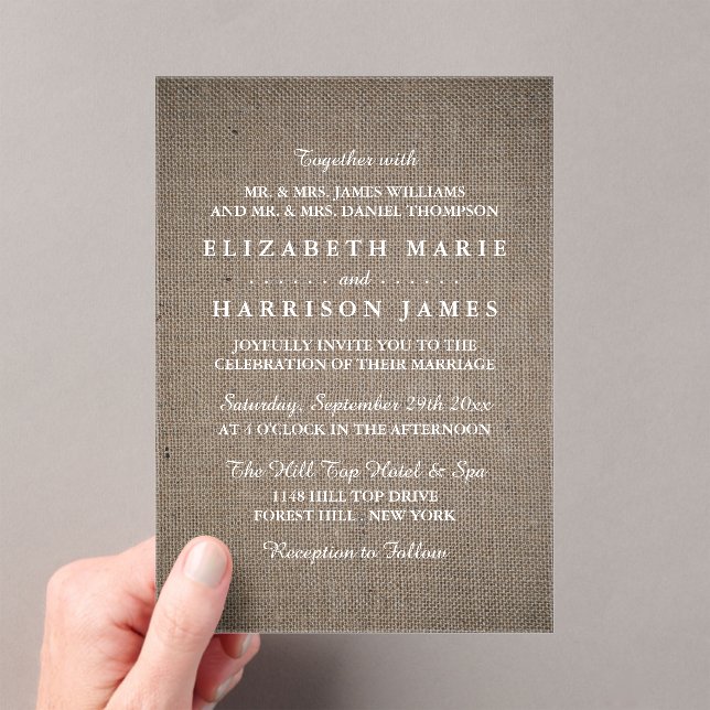 Invitations En Acrylique Mariage Rustique Toile de Jute (In situ (ordinateur de poche))