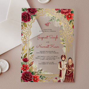 Invitations En Acrylique Mariage Sikh à l'Arche Florale Rouge de Bourgogne 
