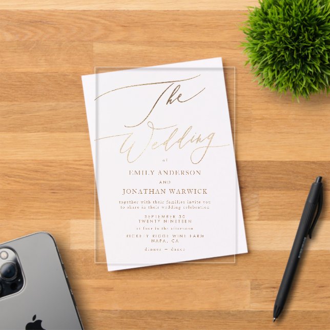 Invitations En Acrylique Mariage simple moderne calligraphie dorée (Insitu (Carte d'invitation))