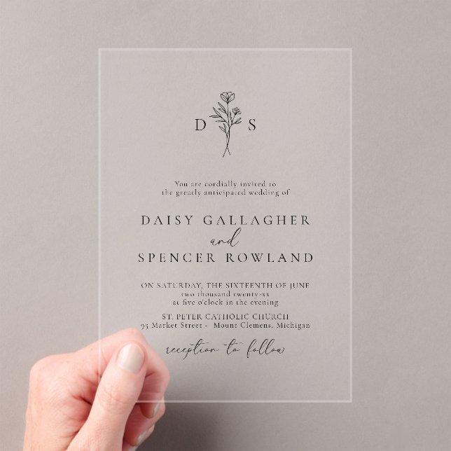 Invitations En Acrylique Mariage simple noir floral clair (In situ (ordinateur de poche))