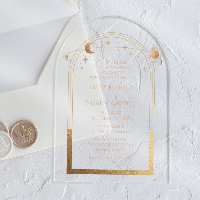 Invitations En Acrylique Mariage Soleil Lune Étoiles Célestes Or (Créateur téléchargé)