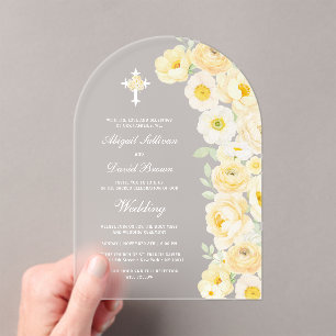 Invitations En Acrylique Mariage sous l'arche de fleurs jaunes