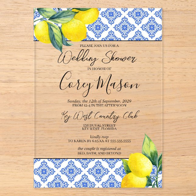 Invitations En Acrylique Mariage sous le signe du citron (Recto)
