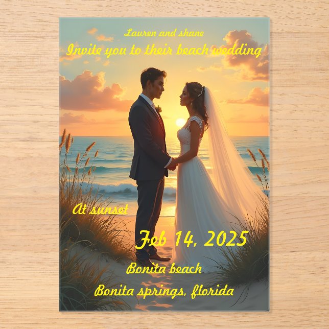 Invitations En Acrylique Mariage sur la plage au coucher du soleil (Recto)
