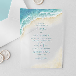 Invitations En Acrylique Mariage sur la plage avec vague océanique à l'aqua