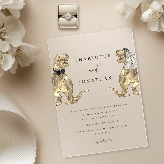 Invitations En Acrylique Mariage sur le thème des dinosaures (Dinosaur destination wedding modern 5 x 7 acrylic invitation T-Rex bride and groom)