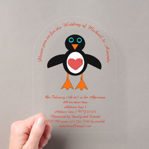 Invitations En Acrylique Mariage sur mesure Cœur d'amour de pingouin mignon
