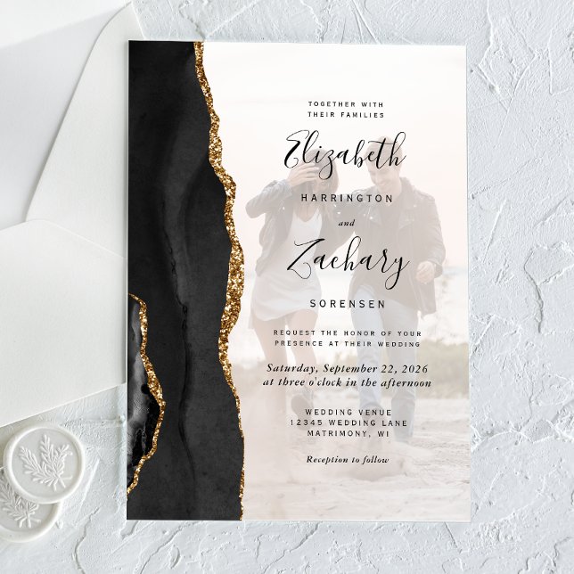 Invitations En Acrylique Mariage sur mesure en agate noire et or (Créateur téléchargé)