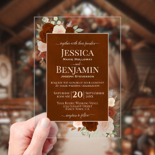 Invitations En Acrylique Mariage Texte Élégant Roses Orange Rouille Élégant