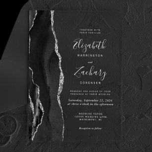 Invitations En Acrylique Mariage Texte Gris Argent Agate Noire