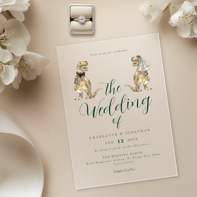 Invitations En Acrylique Mariage thème dinosaure Vert (Dinosaur theme wedding dark green modern elegant script acrylic invitation T-Rex dino bride & groom)