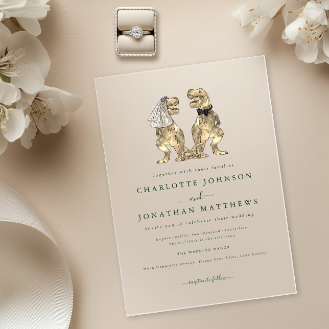 Invitations En Acrylique Mariage thème dinosaure Vert (Dinosaur theme wedding dark green modern elegant typography acrylic invitation T-Rex bride and groom)