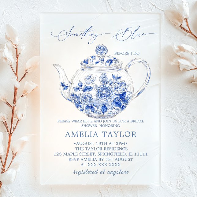 Invitations En Acrylique Mariage Toile Florale Bleue Transparent Clair (Créateur téléchargé)