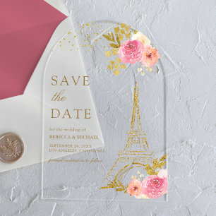 Invitations En Acrylique Mariage tour Eiffel rose floral Enregistrer la dat