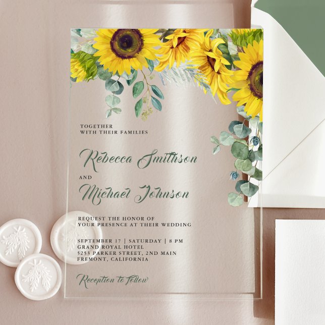 Invitations En Acrylique Mariage Tournesols Eucalyptus (Créateur téléchargé)