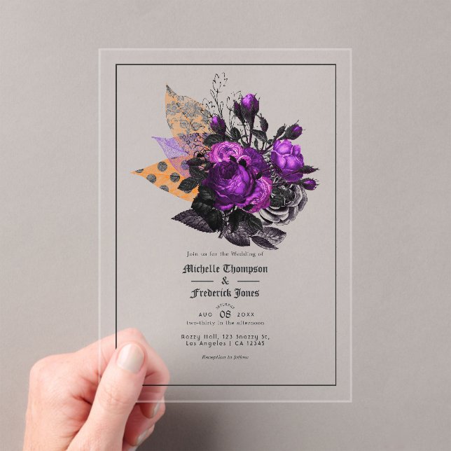Invitations En Acrylique Mariage Transparent Gothique Rose Pourpre (In situ (ordinateur de poche))