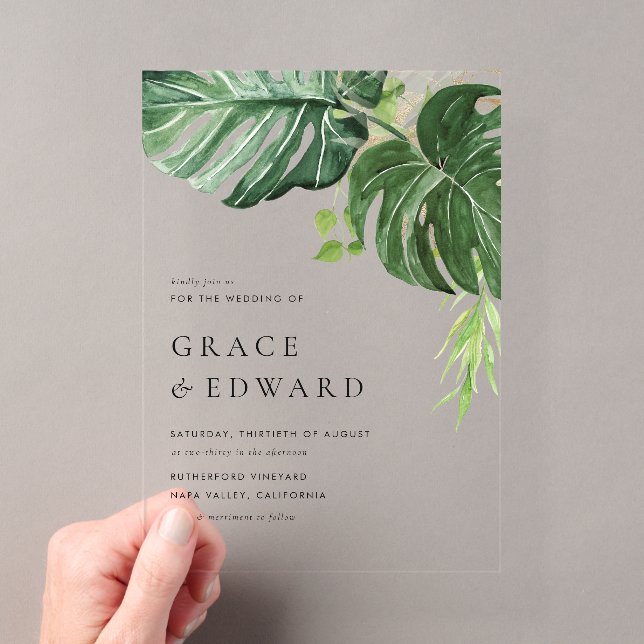 Invitations En Acrylique Mariage Tropical à l'Aquarelle Monstera (In situ (ordinateur de poche))
