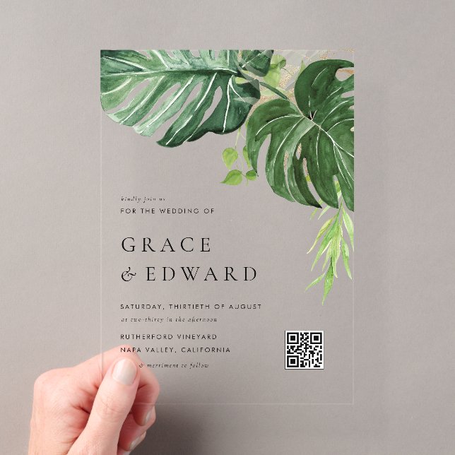 Invitations En Acrylique Mariage Tropical à l'Aquarelle Monstera (In situ (ordinateur de poche))