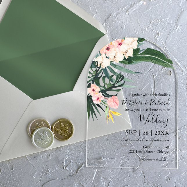 Invitations En Acrylique Mariage Tropical Destination Feuilles de Palmier (Créateur téléchargé)