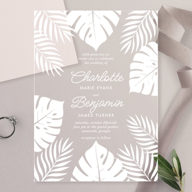 Invitations En Acrylique Mariage Tropical Monstera Blanc (Créateur téléchargé)