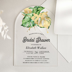 Invitations En Acrylique Mariage Tropical Monstera Or Paume Bridal Shower