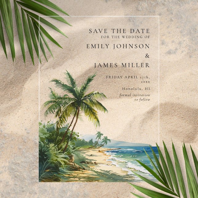 Invitations En Acrylique Mariage Tropical Palm Beach Enregistrer La Date (Tropical Palm Beach Wedding Save The Date Acrylic Invitations)